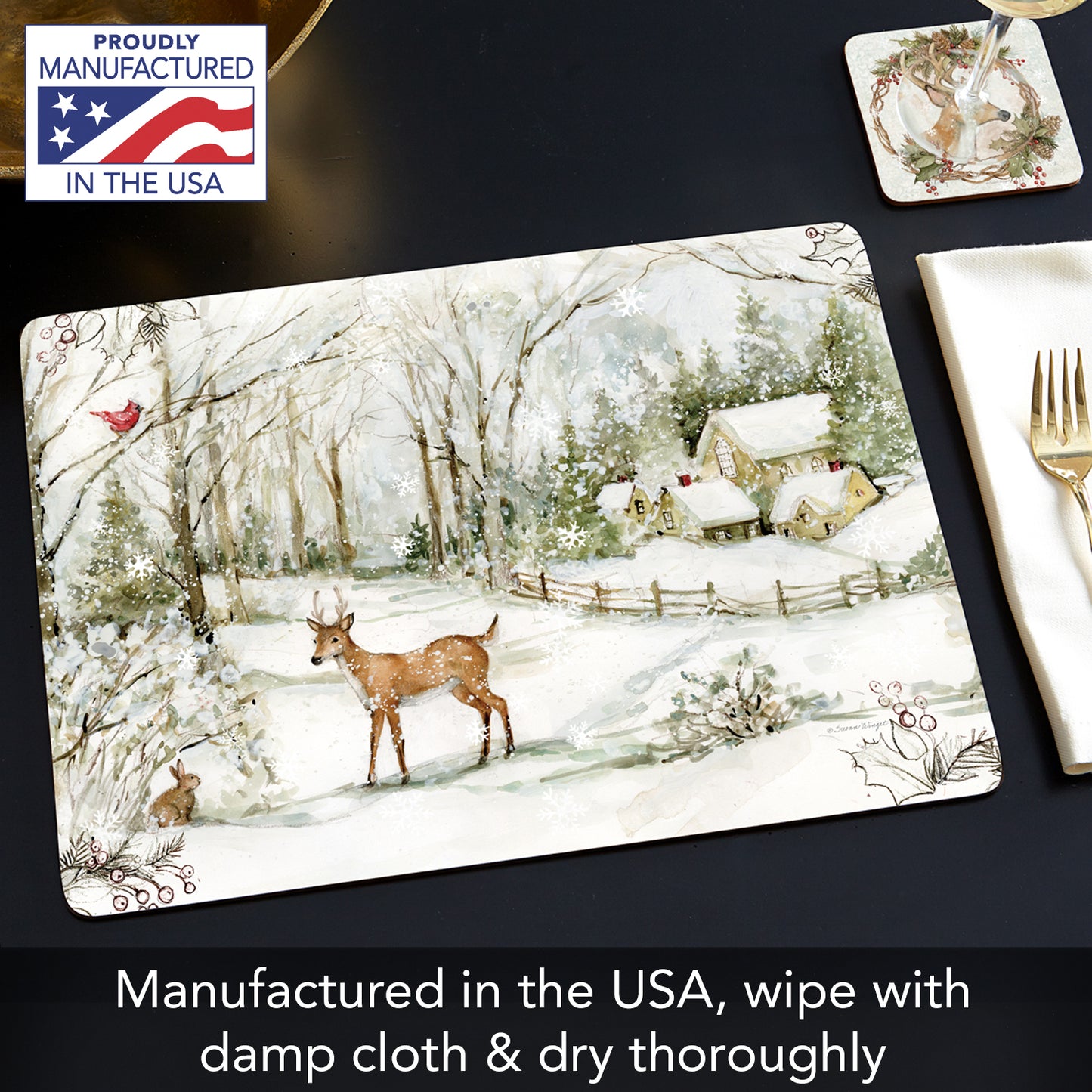 Cala Home Winter Forest Premium Decorative Hardboard Tabletop Placemats 4-Pack Manufactured in The USA Heat Tolerant and Easily Wipes Clean