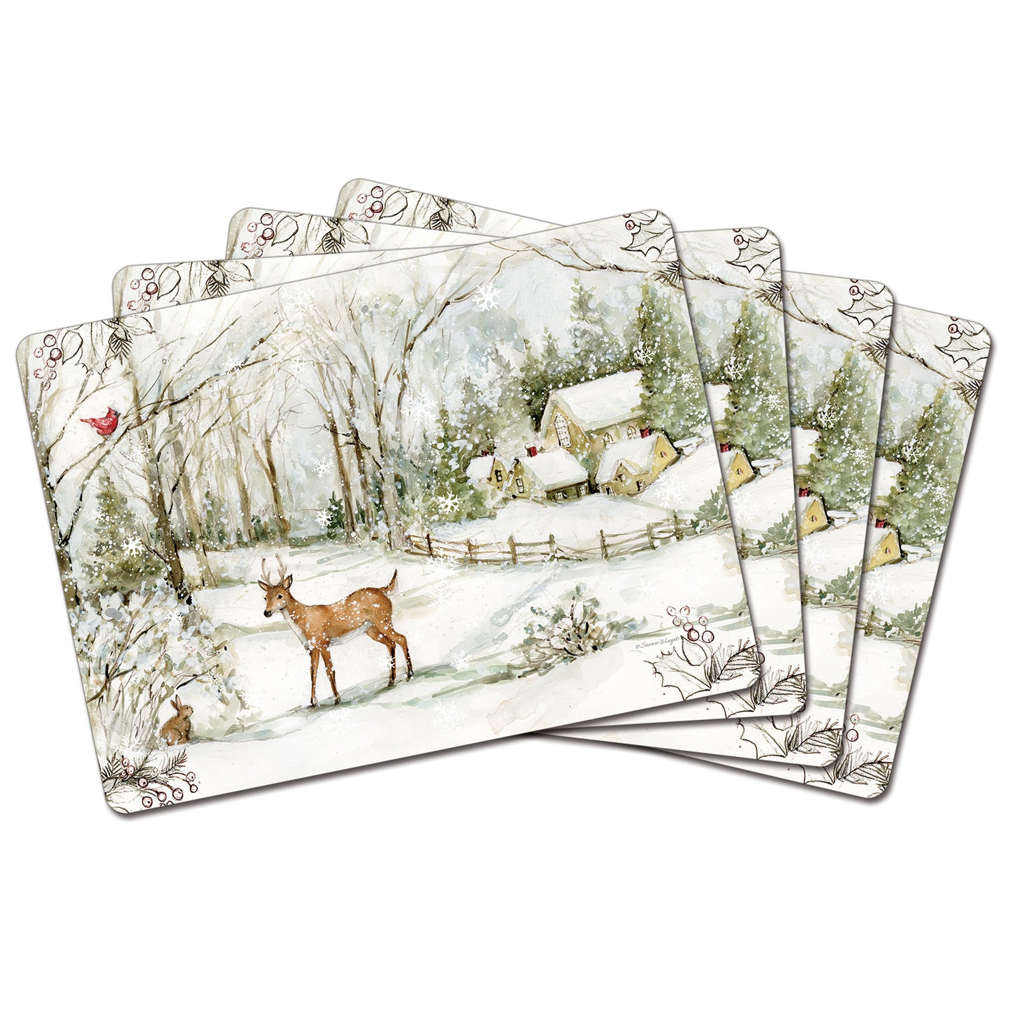 Cala Home Winter Forest Deer Premium Decorative Hardboard Placemats 4 Pack Manufactured in the USA