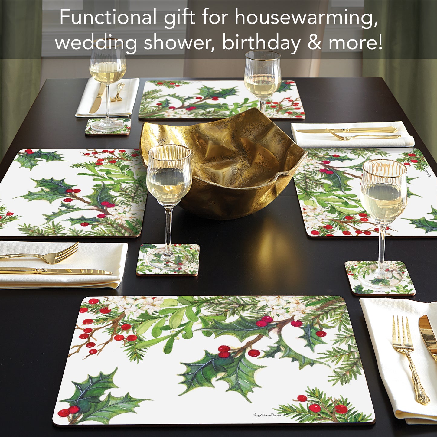 Cala Home Balsam & Berries Premium Decorative Hardboard Tabletop Placemats 4-Pack Manufactured in The USA Heat Tolerant and Easily Wipes Clean