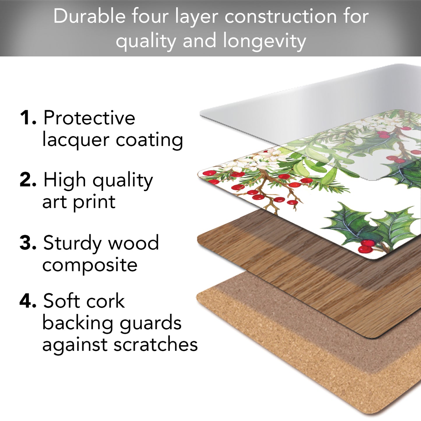 Cala Home Balsam & Berries Premium Decorative Hardboard Tabletop Placemats 4-Pack Manufactured in The USA Heat Tolerant and Easily Wipes Clean
