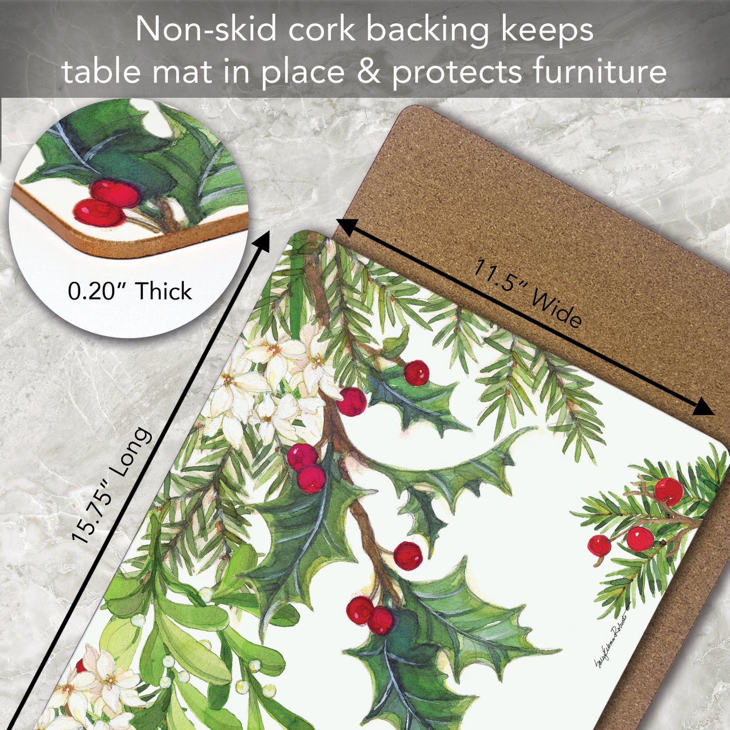 Cala Home Balsam & Berries Premium Decorative Hardboard Tabletop Placemats 4-Pack Manufactured in The USA Heat Tolerant and Easily Wipes Clean
