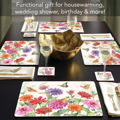 Cala Home Zinnias & Butterflies Premium Decorative Hardboard Tabletop Placemats 4-Pack Manufactured in The USA Heat Tolerant and Easily Wipes Clean