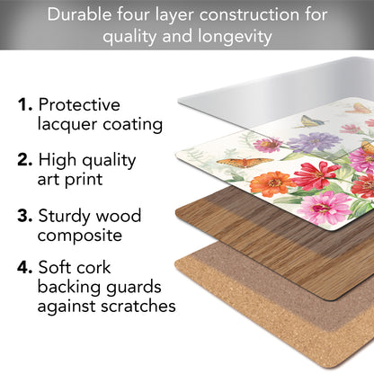 Cala Home Zinnias & Butterflies Premium Decorative Hardboard Tabletop Placemats 4-Pack Manufactured in The USA Heat Tolerant and Easily Wipes Clean