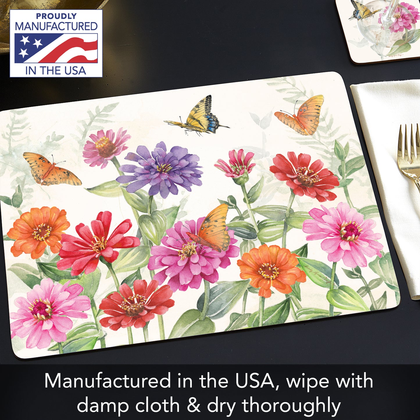 Cala Home Zinnias & Butterflies Premium Decorative Hardboard Tabletop Placemats 4-Pack Manufactured in The USA Heat Tolerant and Easily Wipes Clean