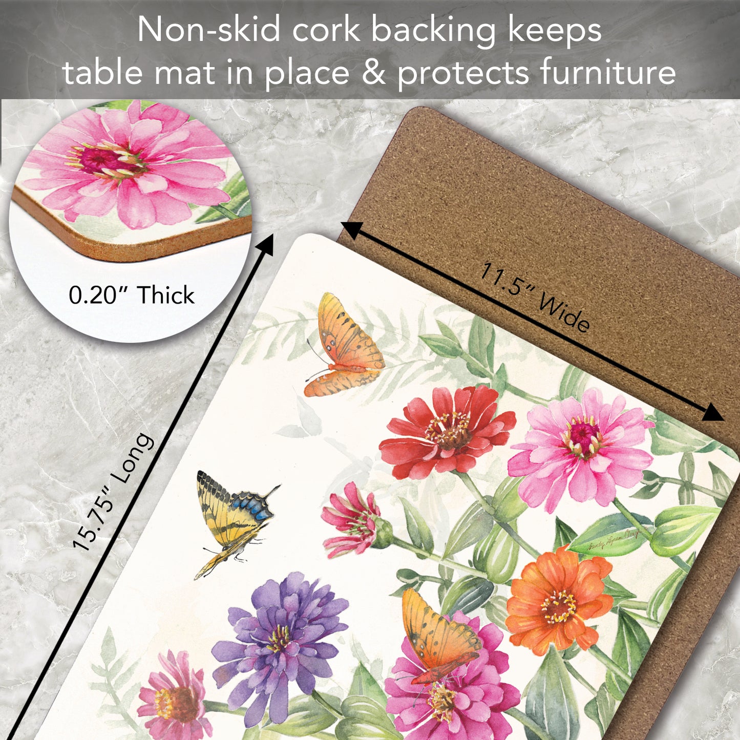 Cala Home Zinnias & Butterflies Premium Decorative Hardboard Tabletop Placemats 4-Pack Manufactured in The USA Heat Tolerant and Easily Wipes Clean
