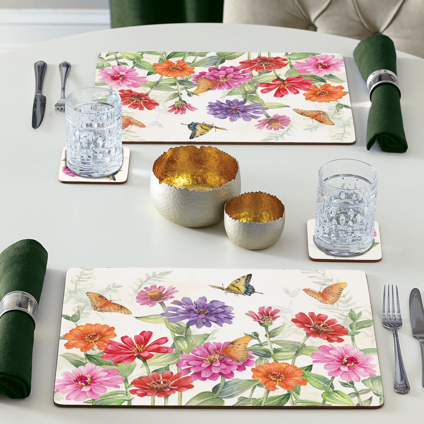 Cala Home Zinnias & Butterflies Premium Decorative Hardboard Tabletop Placemats 4-Pack Manufactured in The USA Heat Tolerant and Easily Wipes Clean