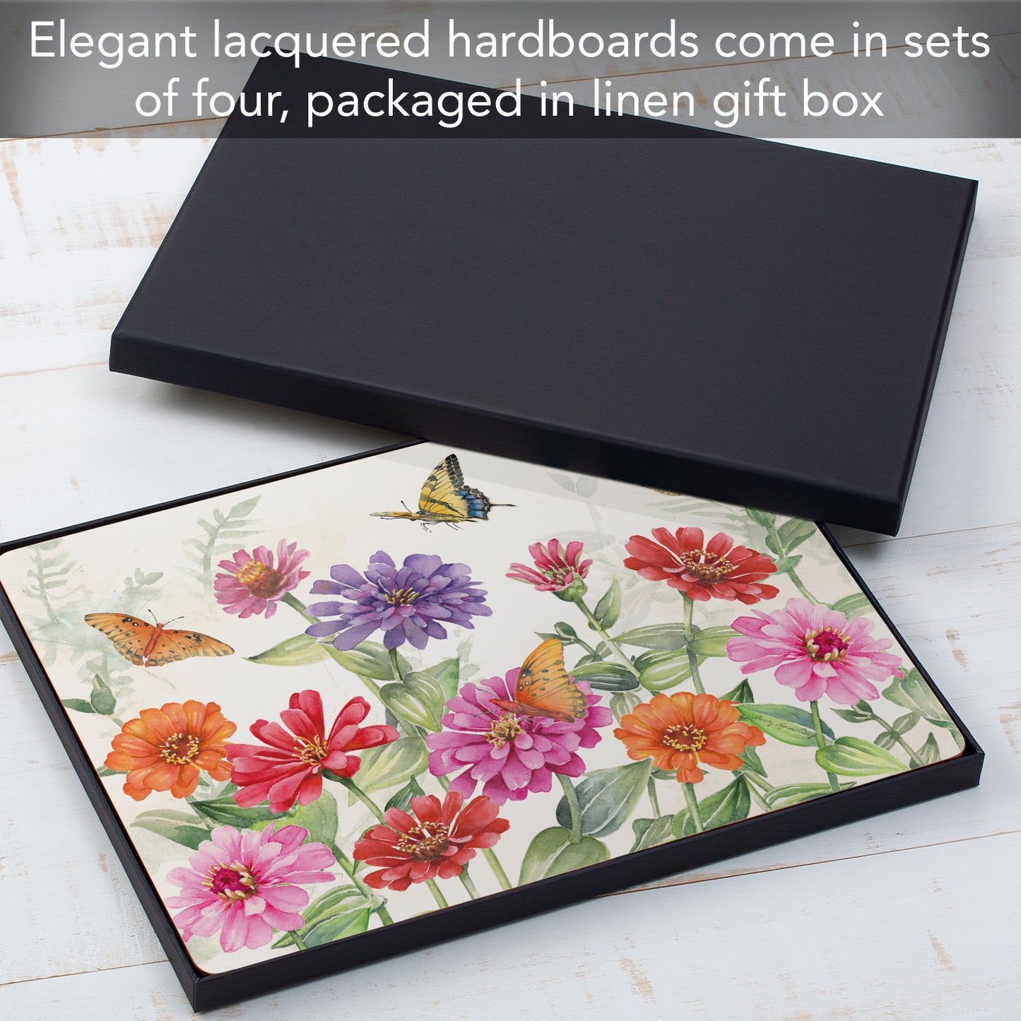 Cala Home Zinnias & Butterflies Premium Decorative Hardboard Tabletop Placemats 4-Pack Manufactured in The USA Heat Tolerant and Easily Wipes Clean