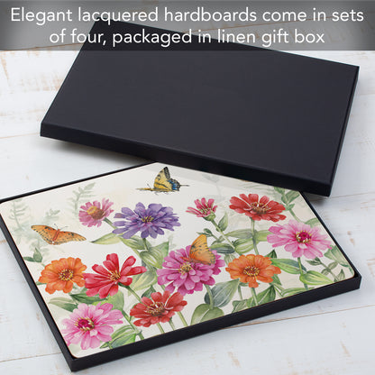 Cala Home Zinnias & Butterflies Premium Decorative Hardboard Tabletop Placemats 4-Pack Manufactured in The USA Heat Tolerant and Easily Wipes Clean