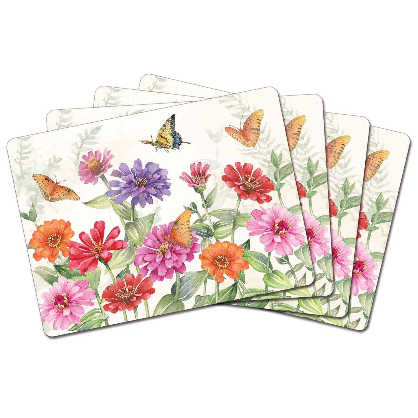 Cala Home Zinnias & Butterflies Premium Decorative Hardboard Placemats 4 Pack Manufactured in the USA