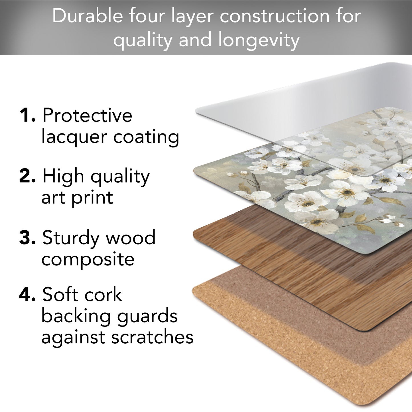 Cala Home Blossoms Premium Decorative Hardboard Tabletop Placemats 4-Pack Manufactured in The USA Heat Tolerant and Easily Wipes Clean