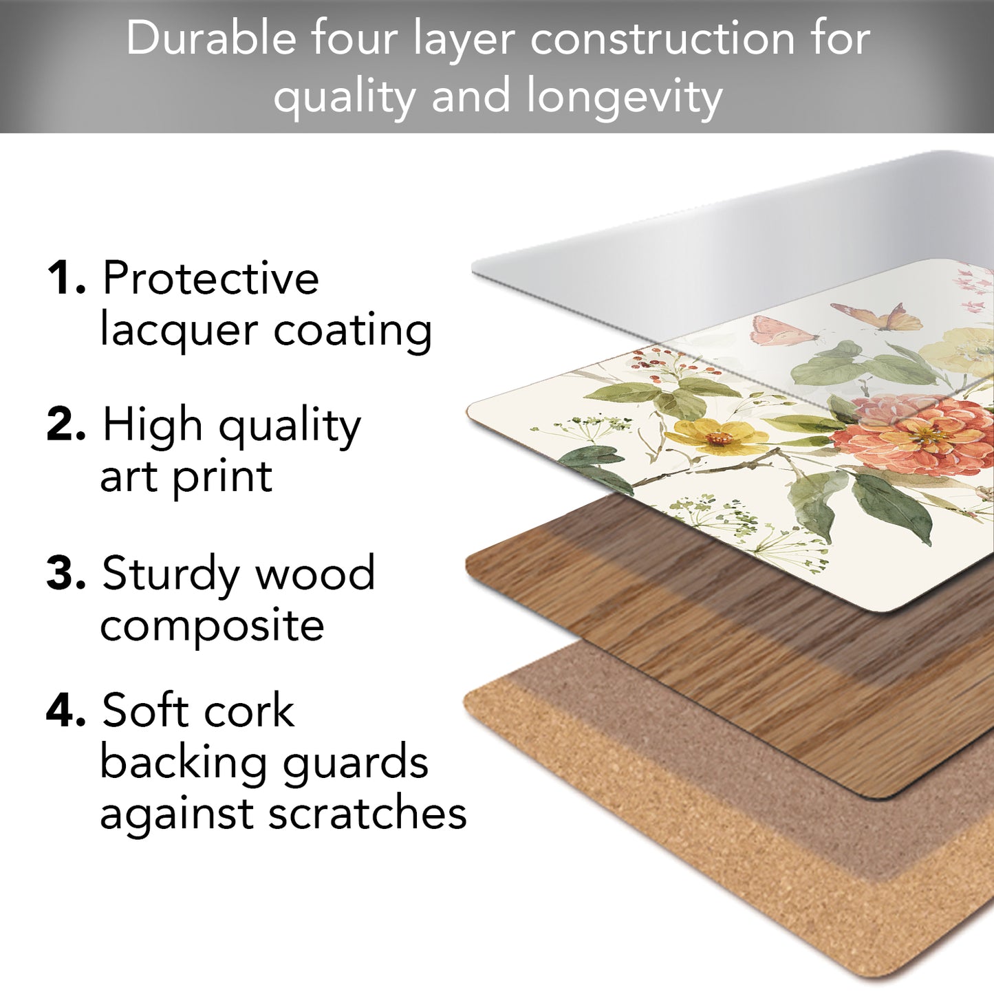 Cala Home Blessed by Nature Premium Decorative Hardboard Cork Back Tabletop Placemats 4 Pack Manufactured in The USA Heat Tolerant and Easily Wipes Clean