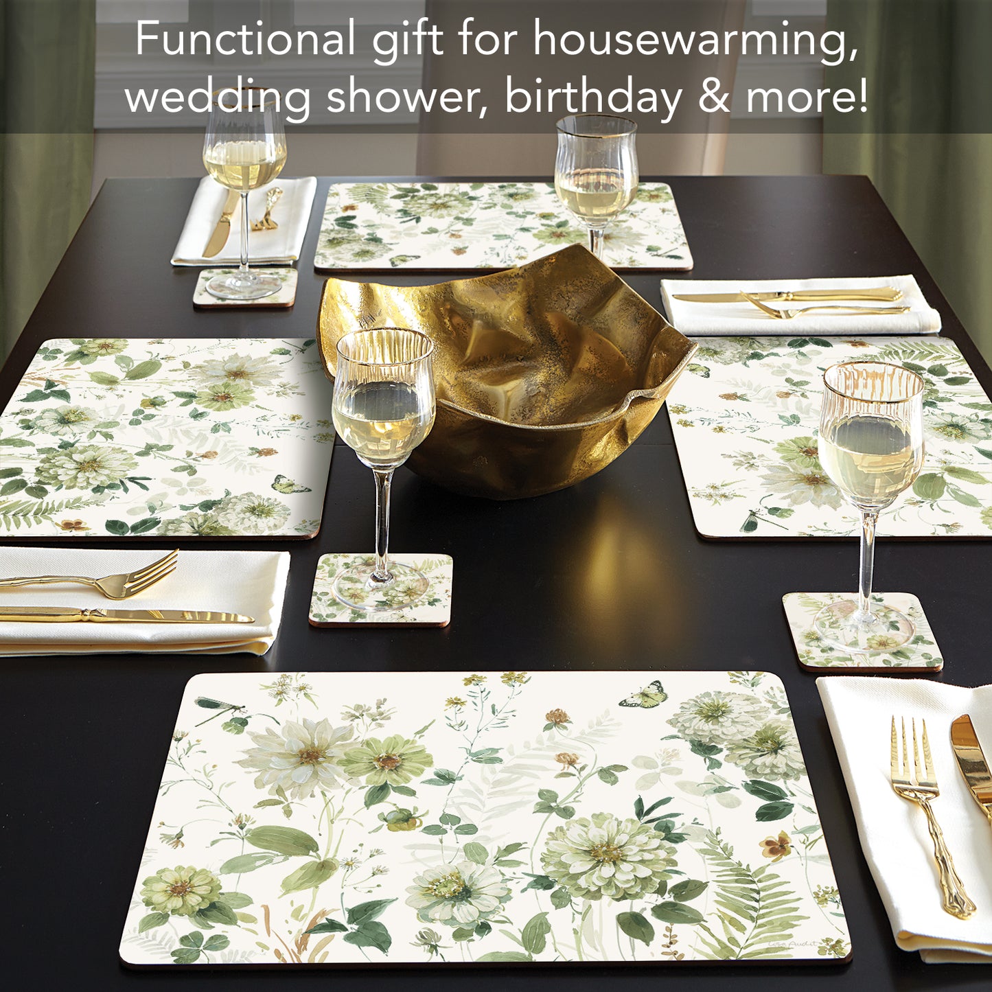 Cala Home Green Fields Premium Decorative Hardboard Cork Back Tabletop Placemats 4 Pack Manufactured in The USA Heat Tolerant and Easily Wipes Clean