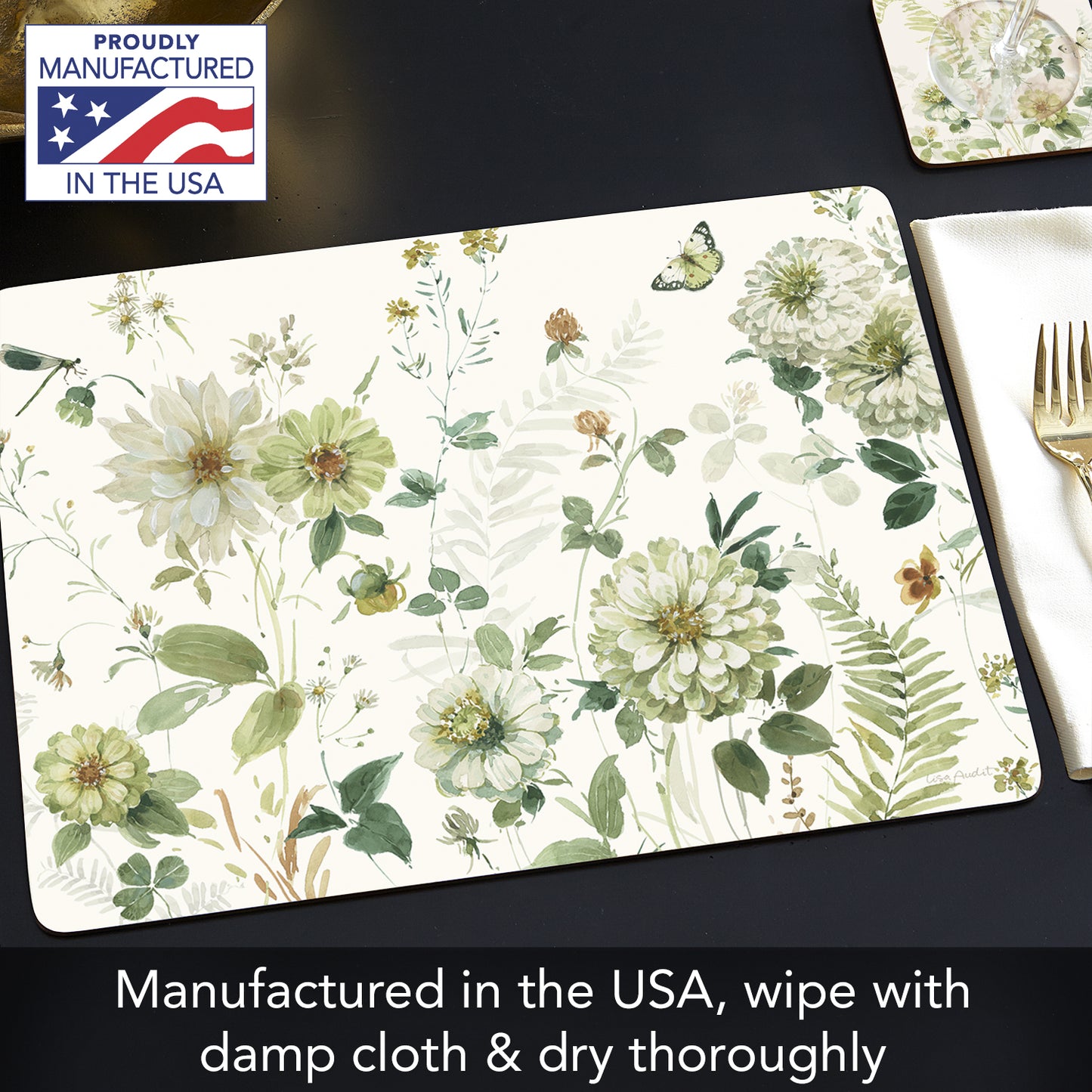 Cala Home Green Fields Premium Decorative Hardboard Cork Back Tabletop Placemats 4 Pack Manufactured in The USA Heat Tolerant and Easily Wipes Clean