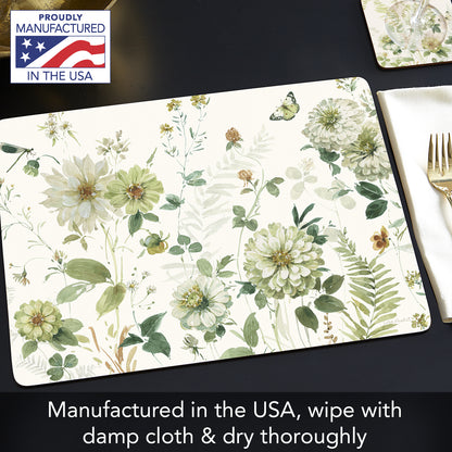 Cala Home Green Fields Premium Decorative Hardboard Cork Back Tabletop Placemats 4 Pack Manufactured in The USA Heat Tolerant and Easily Wipes Clean