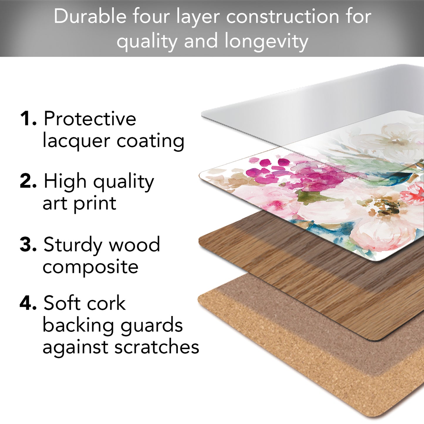Cala Home Fragrant Spring Premium Decorative Hardboard Cork Back Placemats 4 Pack Manufactured in The USA Elegant Heat Tolerant Easily Wipes Clean