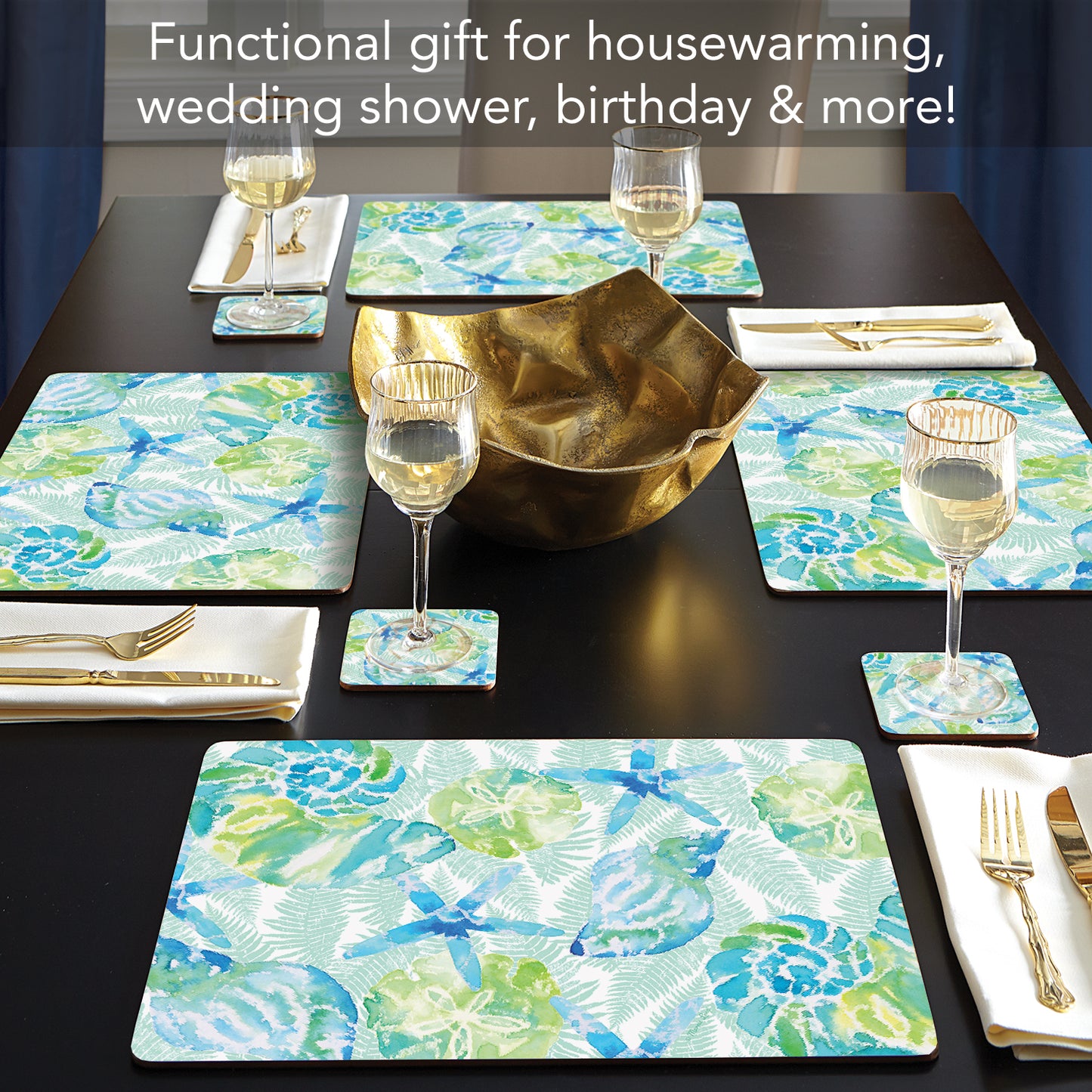 Cala Home Isla Mona Coastal Premium Decorative Hardboard Cork Back Tabletop Placemats 4 Pack Manufactured in The USA Heat Tolerant and Easily Wipes Clean