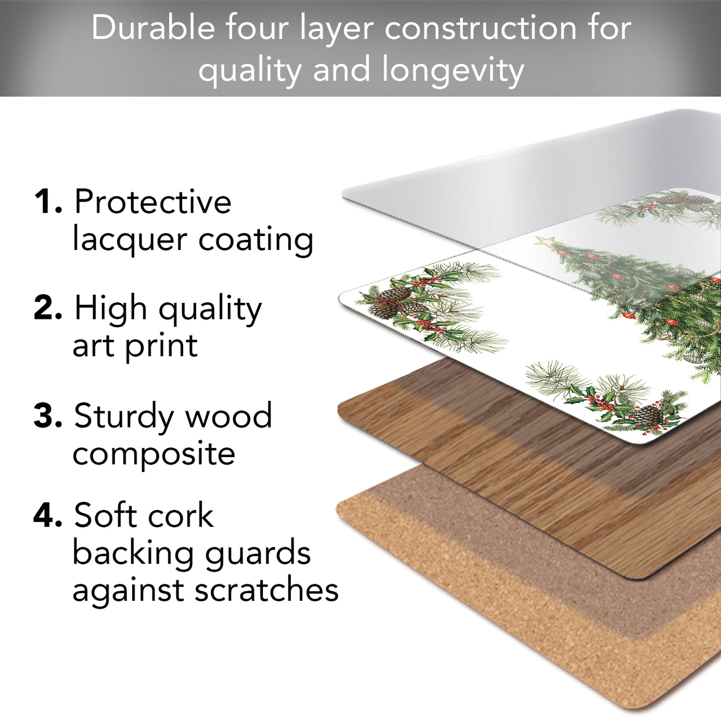 Cala Home Christmas Tree Premium Decorative Hardboard Cork Back Tabletop Placemats 4 Pack Manufactured in The USA Heat Tolerant and Easily Wipes Clean