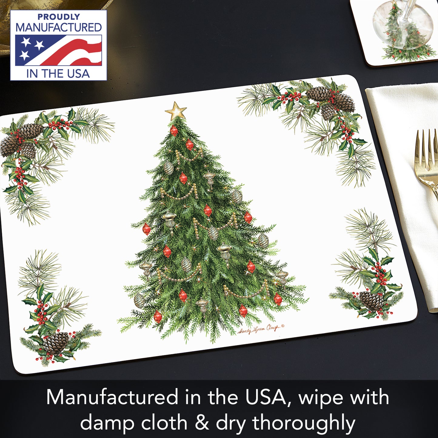 Cala Home Christmas Tree Premium Decorative Hardboard Cork Back Tabletop Placemats 4 Pack Manufactured in The USA Heat Tolerant and Easily Wipes Clean