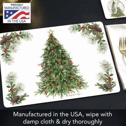 Cala Home Christmas Tree Premium Decorative Hardboard Cork Back Tabletop Placemats 4 Pack Manufactured in The USA Heat Tolerant and Easily Wipes Clean