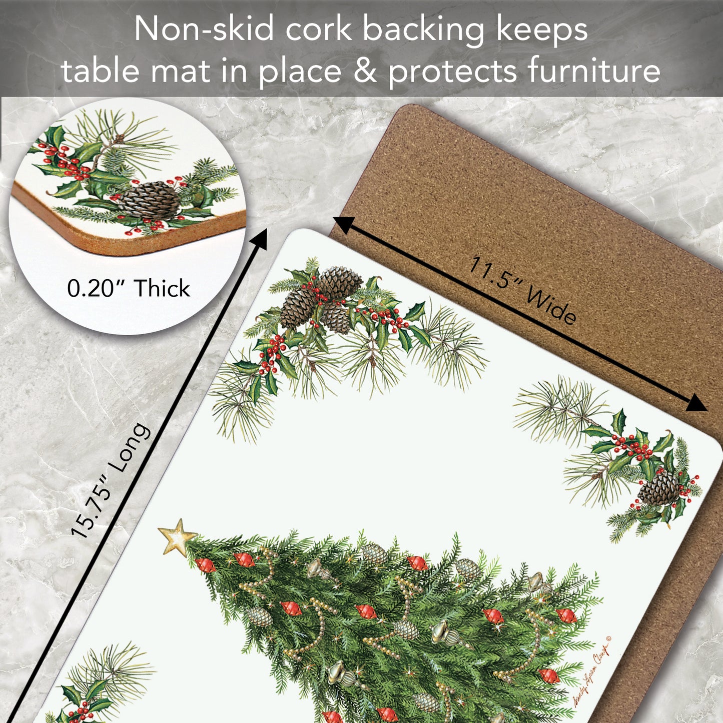 Cala Home Christmas Tree Premium Decorative Hardboard Cork Back Tabletop Placemats 4 Pack Manufactured in The USA Heat Tolerant and Easily Wipes Clean
