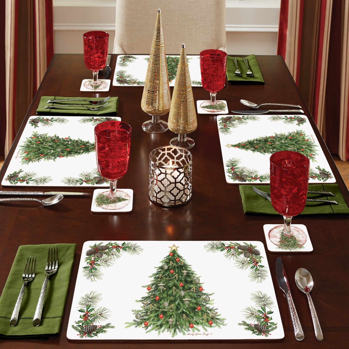 Cala Home Christmas Tree Premium Decorative Hardboard Cork Back Tabletop Placemats 4 Pack Manufactured in The USA Heat Tolerant and Easily Wipes Clean