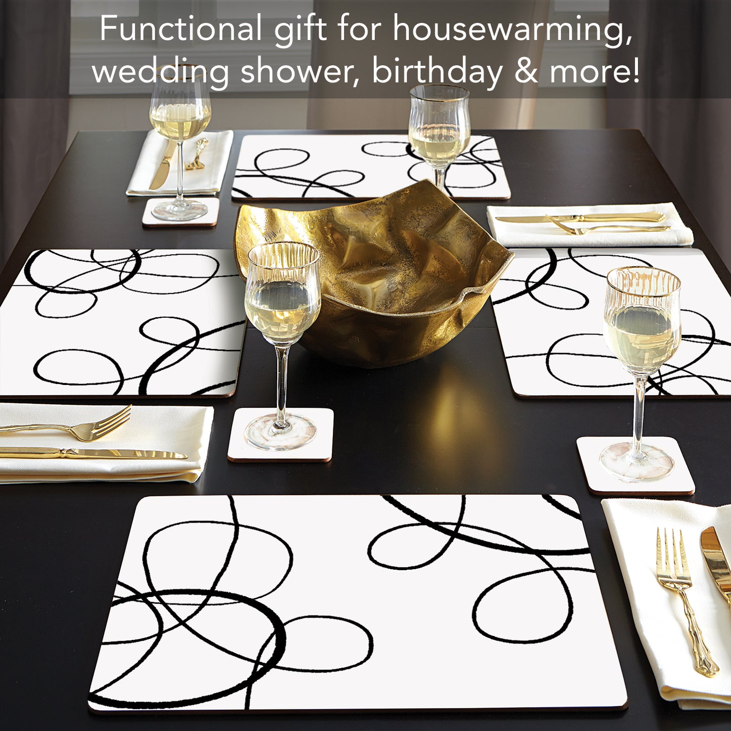 CounterArt Scribble Premium Decorative Hardboard Tabletop Placemats 4-Pack Manufactured in The USA Heat Tolerant and Easily Wipes Clean