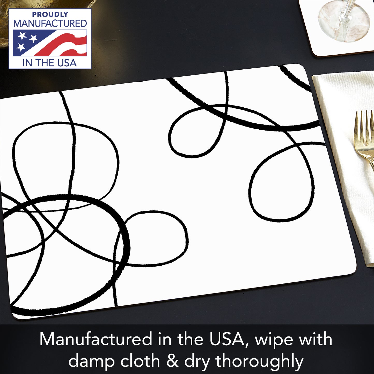 CounterArt Scribble Premium Decorative Hardboard Tabletop Placemats 4-Pack Manufactured in The USA Heat Tolerant and Easily Wipes Clean