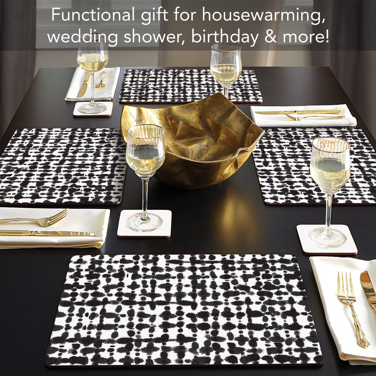 CounterArt Black Spots Premium Decorative Hardboard Tabletop Placemats 4-Pack Manufactured in The USA Heat Tolerant and Easily Wipes Clean
