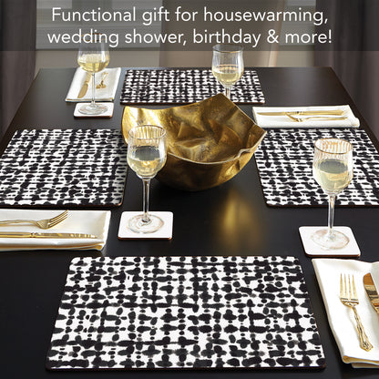 CounterArt Black Spots Premium Decorative Hardboard Tabletop Placemats 4-Pack Manufactured in The USA Heat Tolerant and Easily Wipes Clean