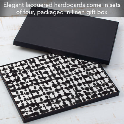 CounterArt Black Spots Premium Decorative Hardboard Tabletop Placemats 4-Pack Manufactured in The USA Heat Tolerant and Easily Wipes Clean