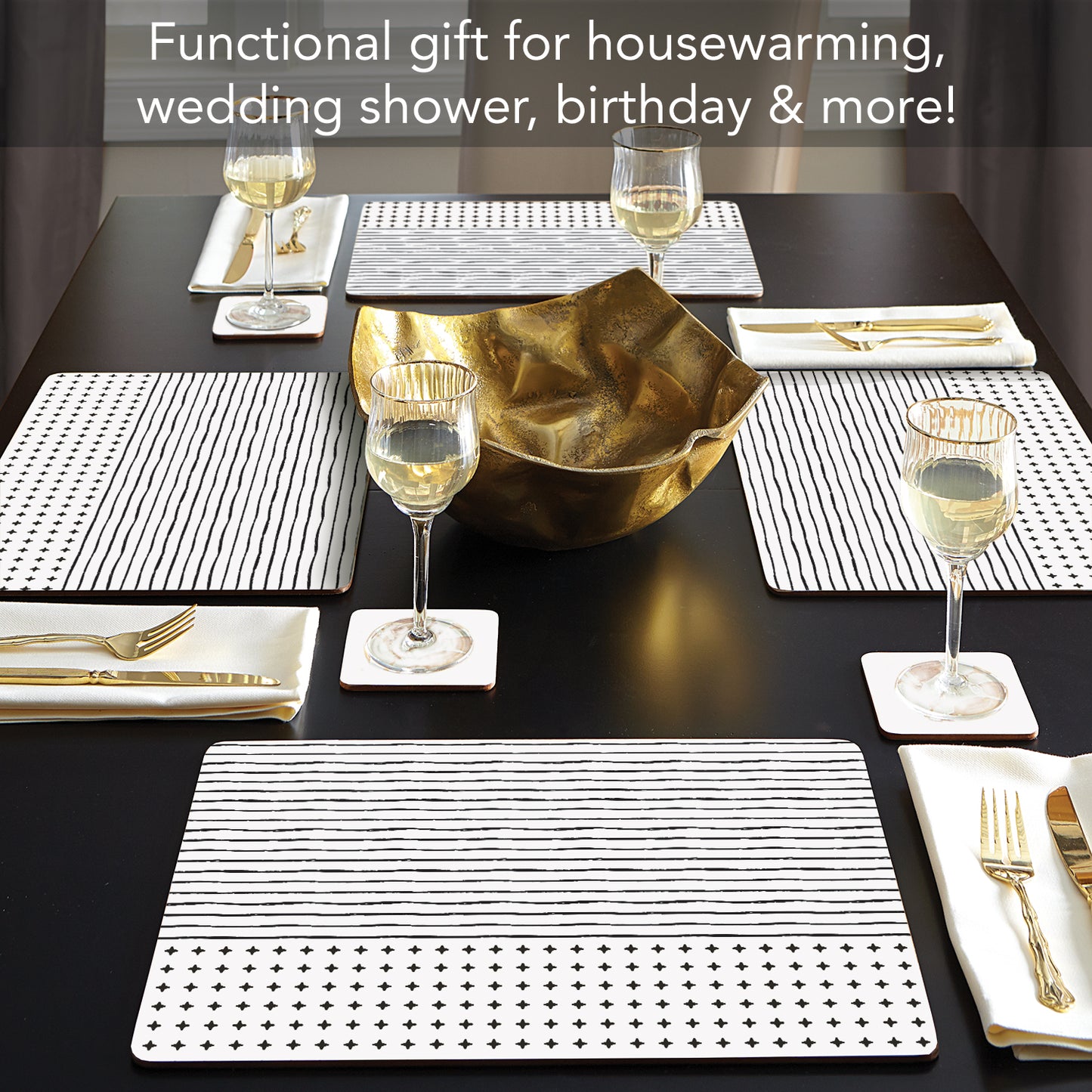 CounterArt Lines & Dots Premium Decorative Hardboard Tabletop Placemats 4-Pack Manufactured in The USA Heat Tolerant and Easily Wipes Clean