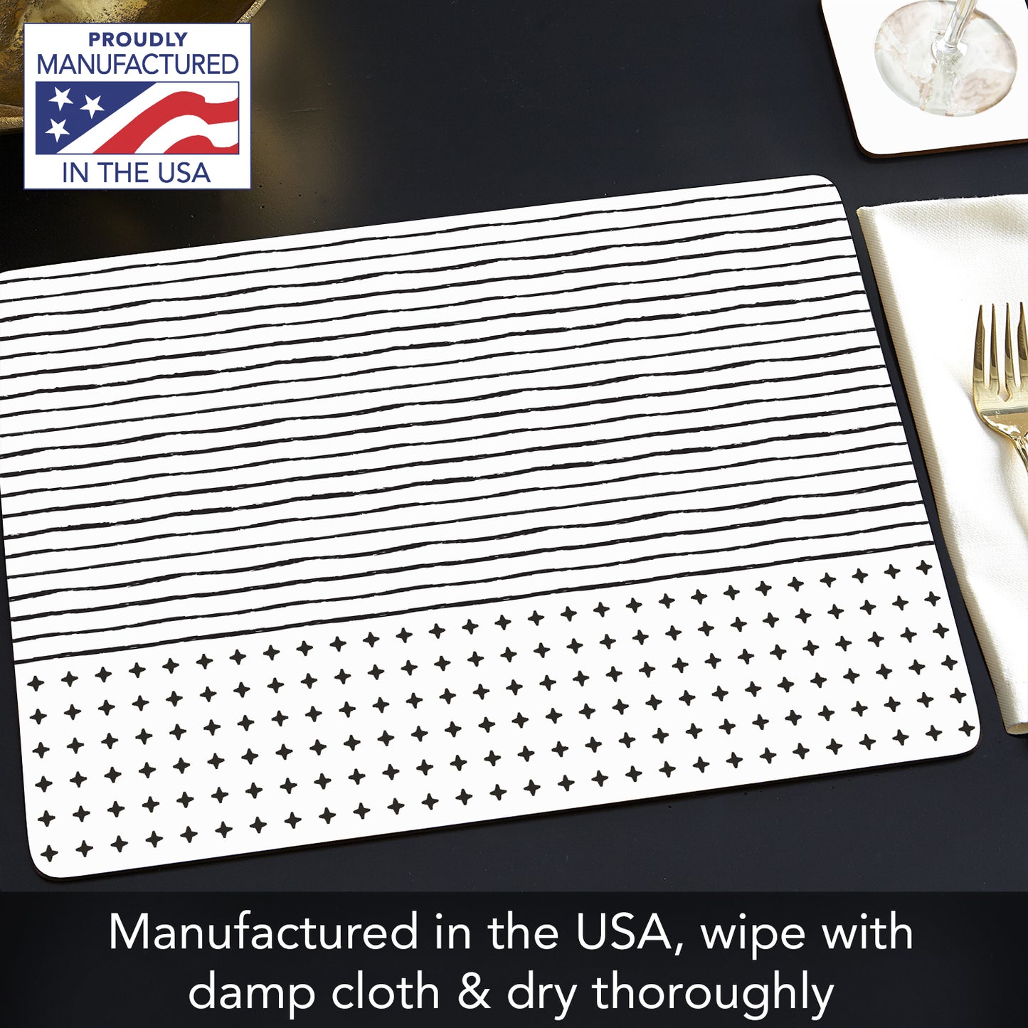 CounterArt Lines & Dots Premium Decorative Hardboard Tabletop Placemats 4-Pack Manufactured in The USA Heat Tolerant and Easily Wipes Clean