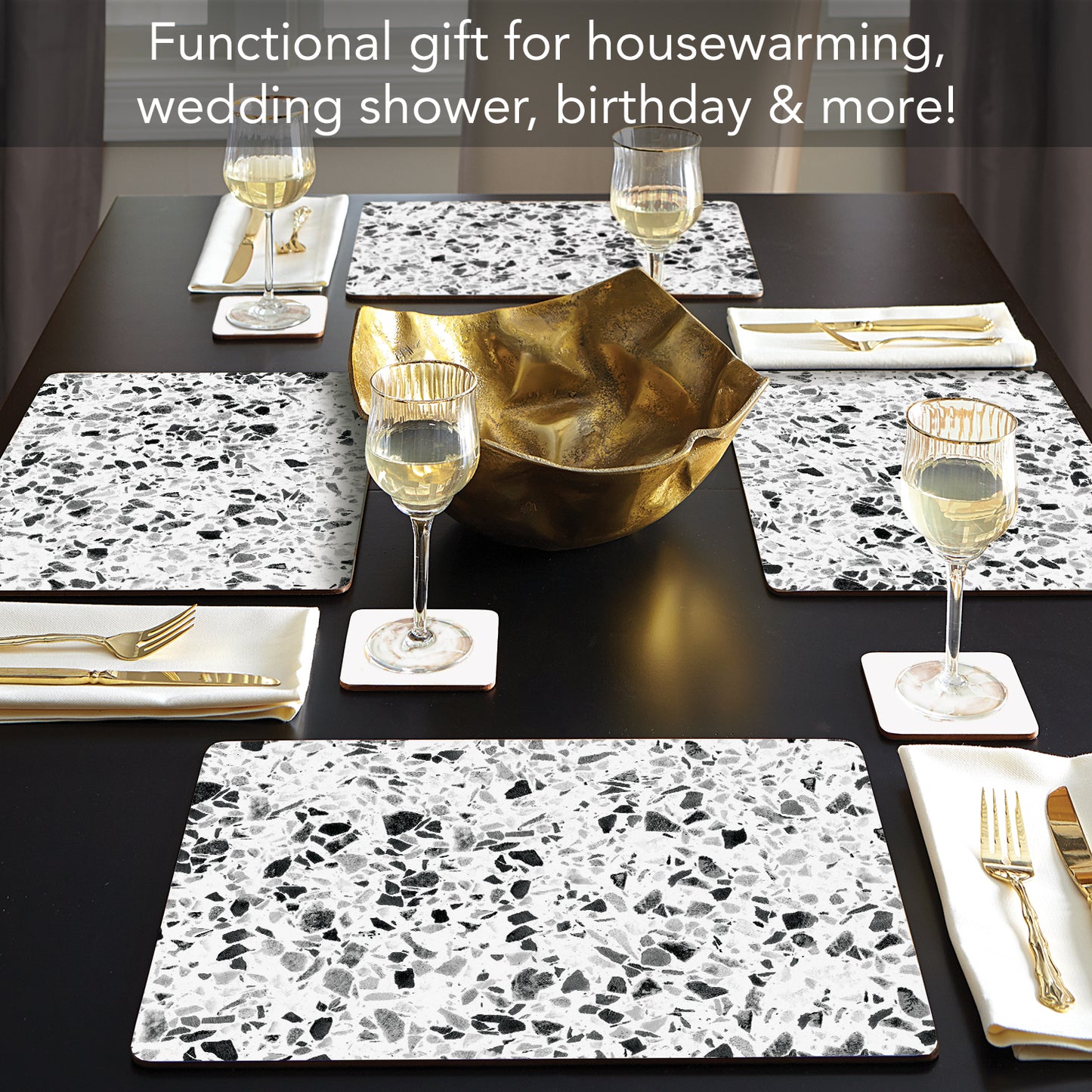 CounterArt Terrazzo Premium Decorative Hardboard Tabletop Placemats 4-Pack Manufactured in The USA Heat Tolerant and Easily Wipes Clean