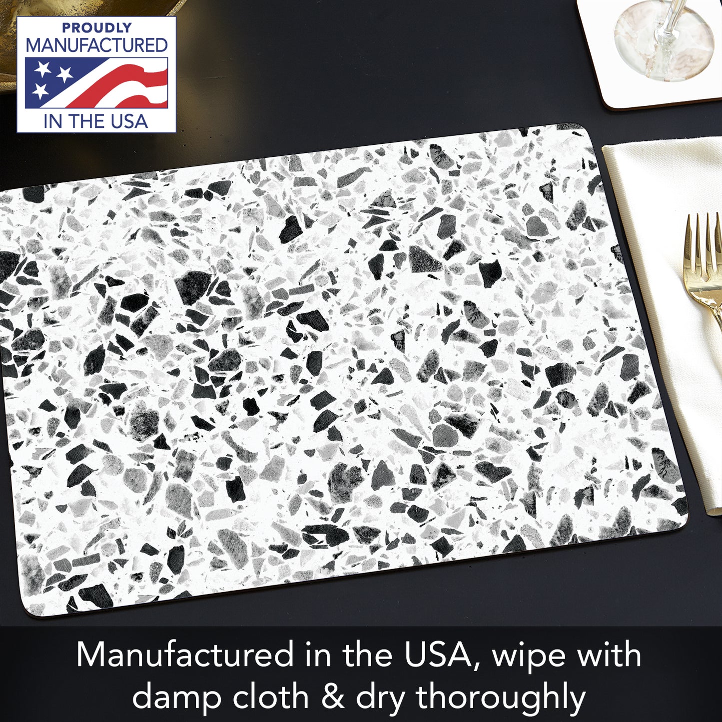 CounterArt Terrazzo Premium Decorative Hardboard Tabletop Placemats 4-Pack Manufactured in The USA Heat Tolerant and Easily Wipes Clean