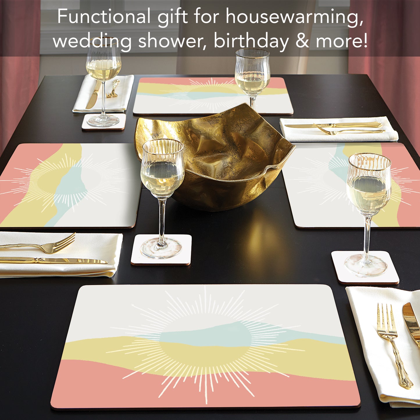 CounterArt Mohave Sun Rays Premium Decorative Hardboard Tabletop Placemats 4-Pack Manufactured in The USA Heat Tolerant and Easily Wipes Clean