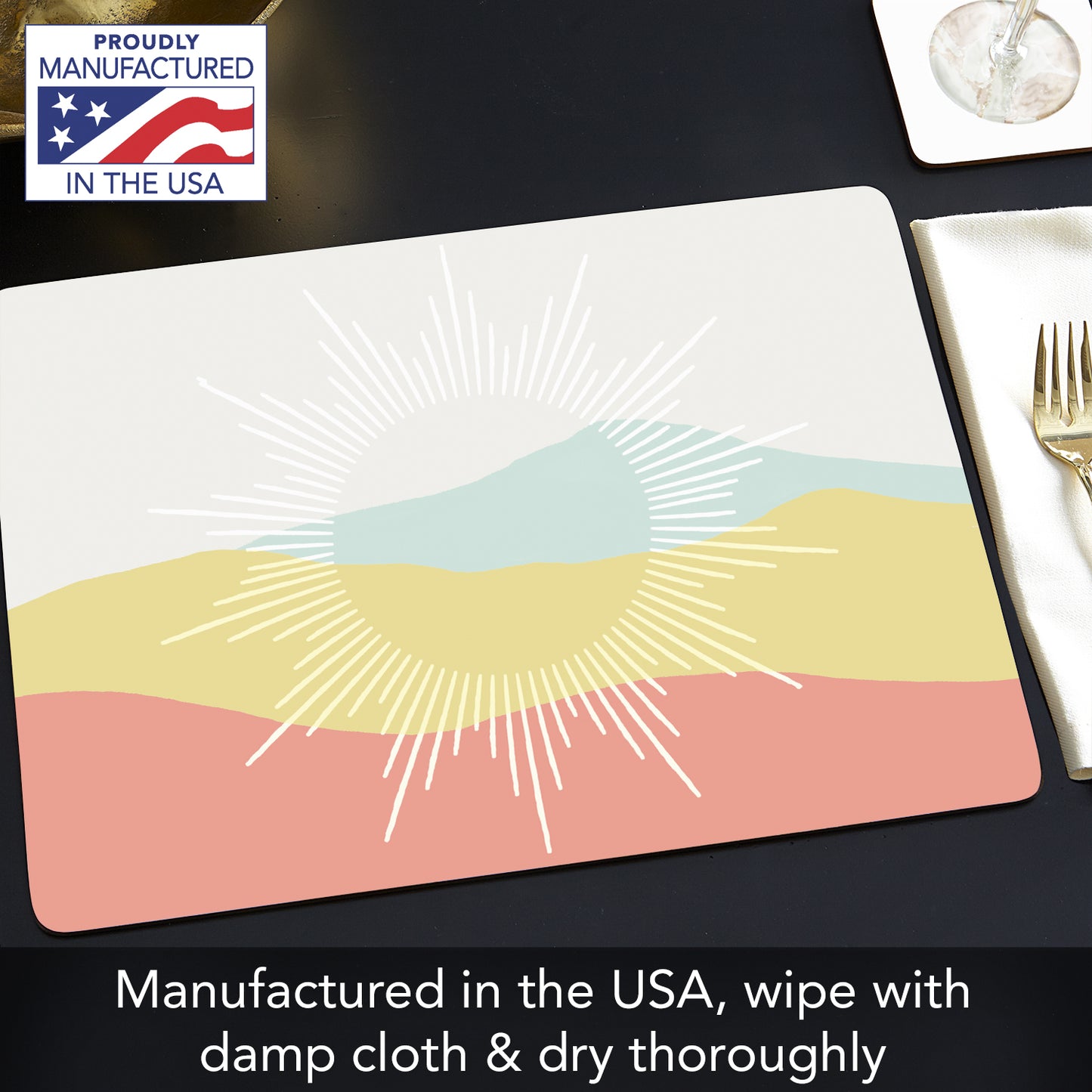 CounterArt Mohave Sun Rays Premium Decorative Hardboard Tabletop Placemats 4-Pack Manufactured in The USA Heat Tolerant and Easily Wipes Clean