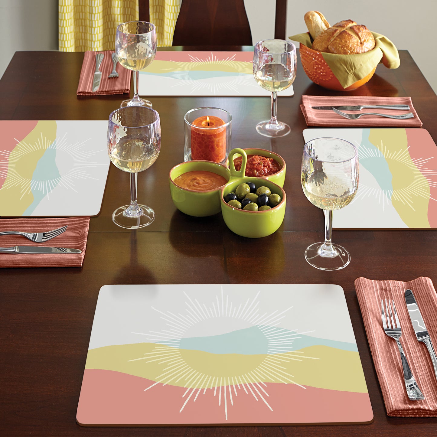 CounterArt Mohave Sun Rays Premium Decorative Hardboard Tabletop Placemats 4-Pack Manufactured in The USA Heat Tolerant and Easily Wipes Clean