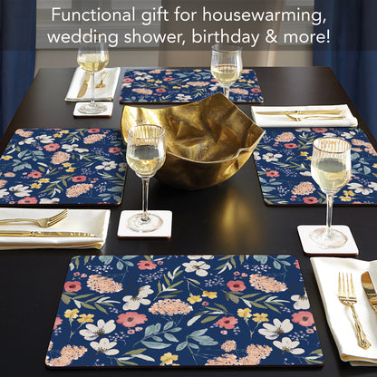 CounterArt Meadow Blue Premium Decorative Hardboard Tabletop Placemats 4-Pack Manufactured in The USA Heat Tolerant and Easily Wipes Clean