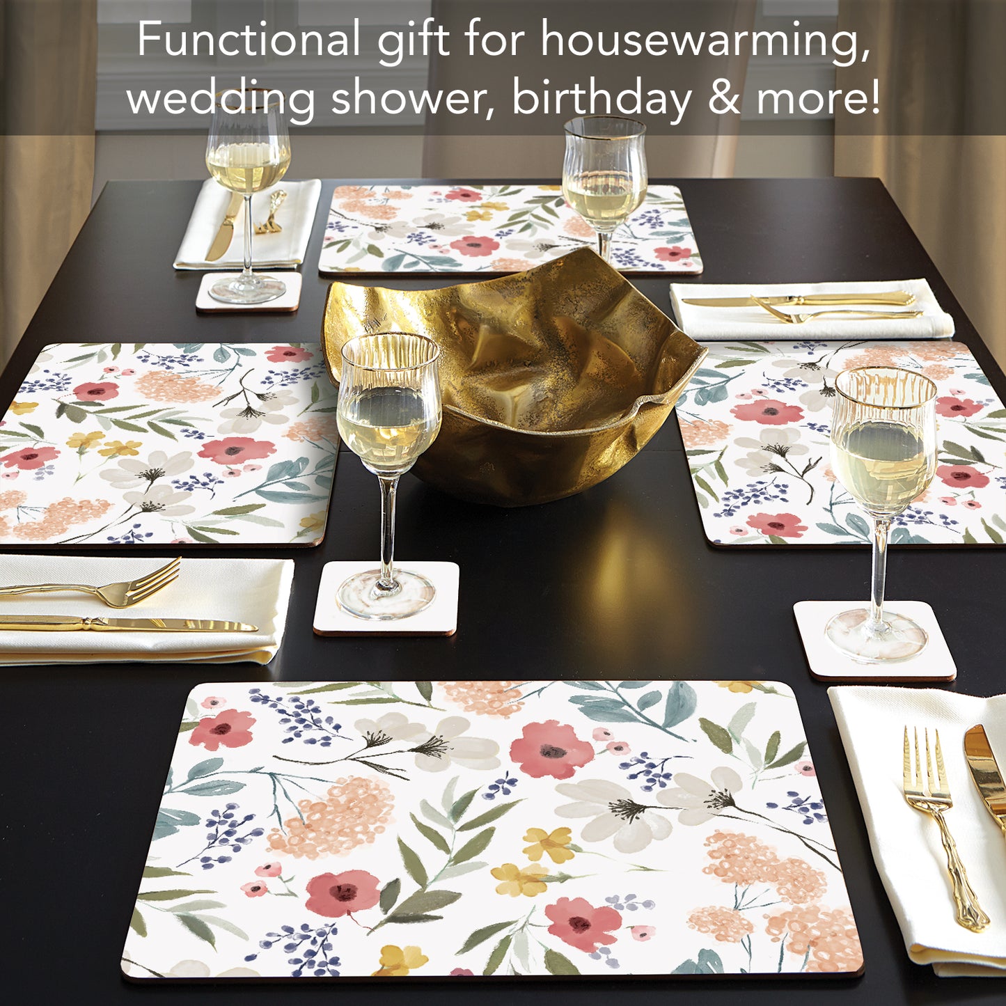 CounterArt Meadow Pink Decorative Hardboard Placemats with Protective Cork Backing 4 Pack Layered Construction Heat Tolerant and Easily Wipes Clean