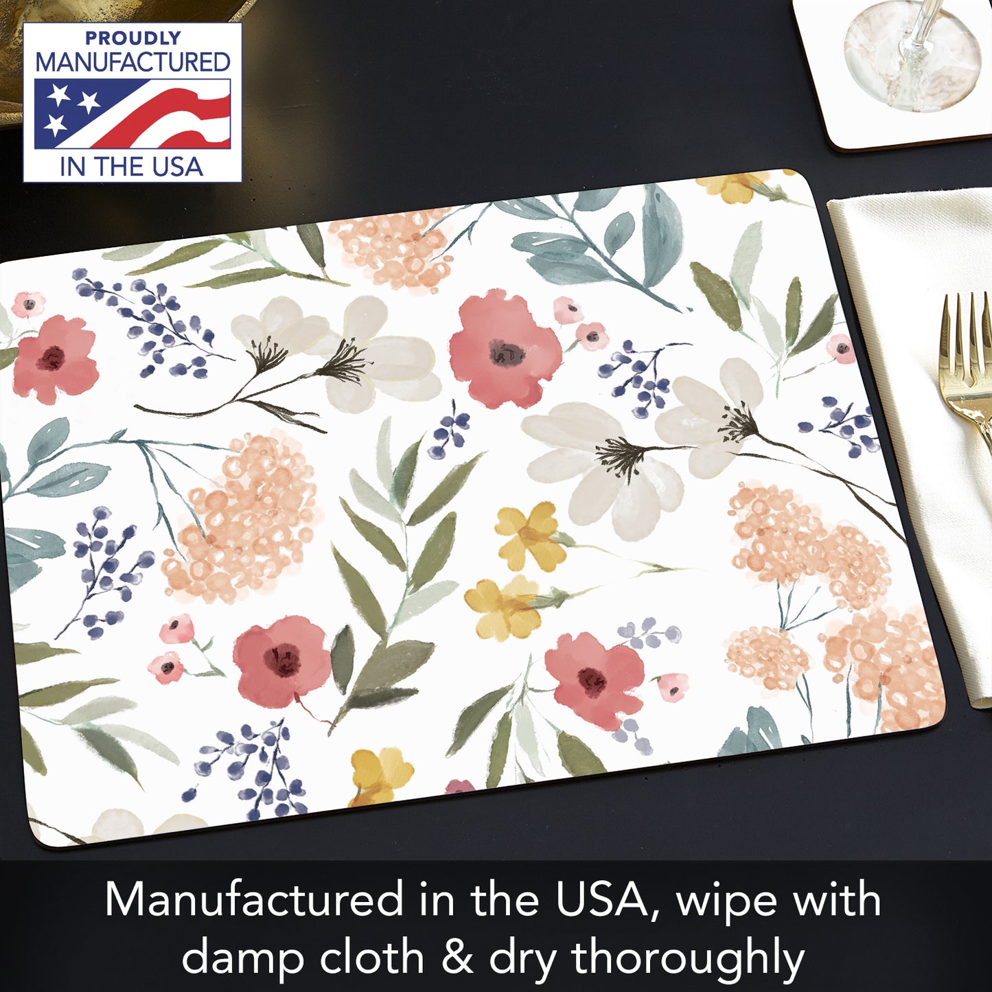 CounterArt Meadow Pink Decorative Hardboard Placemats with Protective Cork Backing 4 Pack Layered Construction Heat Tolerant and Easily Wipes Clean
