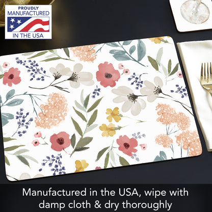 CounterArt Meadow Pink Decorative Hardboard Placemats with Protective Cork Backing 4 Pack Layered Construction Heat Tolerant and Easily Wipes Clean