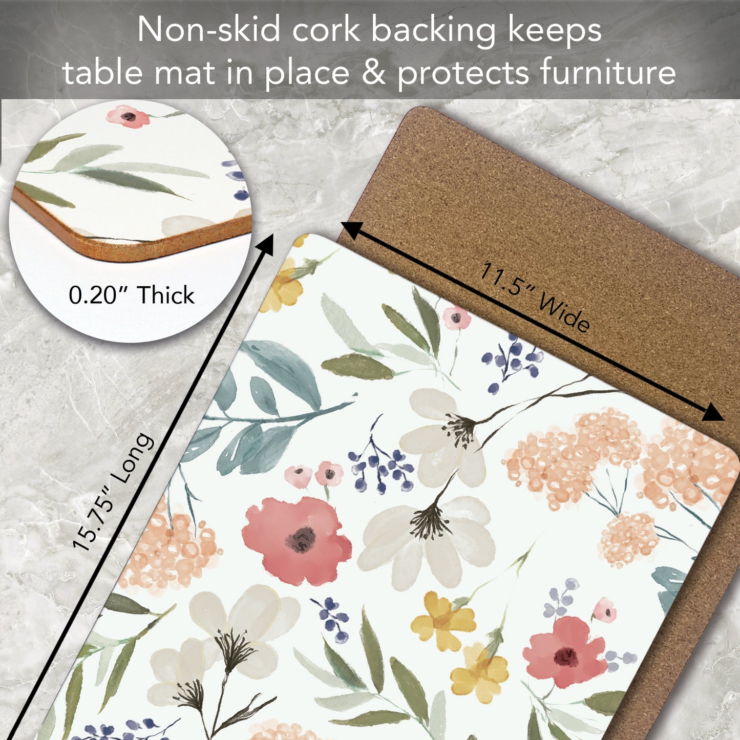 CounterArt Meadow Pink Decorative Hardboard Placemats with Protective Cork Backing 4 Pack Layered Construction Heat Tolerant and Easily Wipes Clean