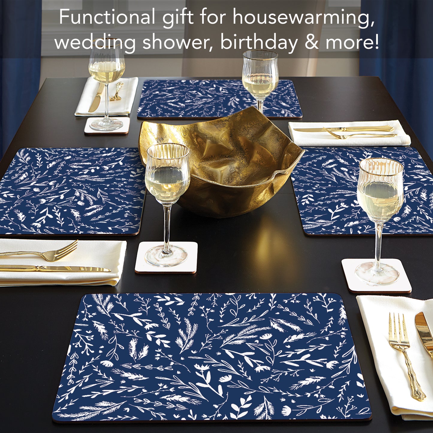 CounterArt Navy Meadow Sketch Premium Decorative Hardboard Tabletop Placemats 4-Pack Manufactured in The USA Heat Tolerant and Easily Wipes Clean