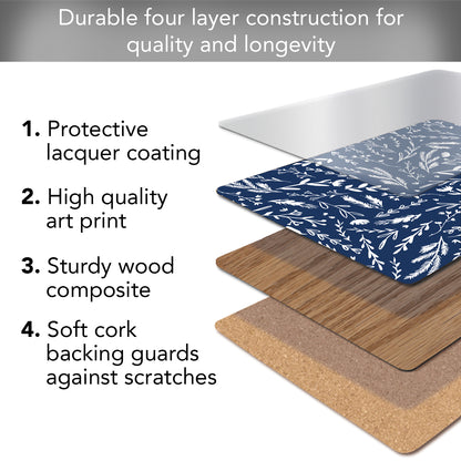 CounterArt Navy Meadow Sketch Premium Decorative Hardboard Tabletop Placemats 4-Pack Manufactured in The USA Heat Tolerant and Easily Wipes Clean