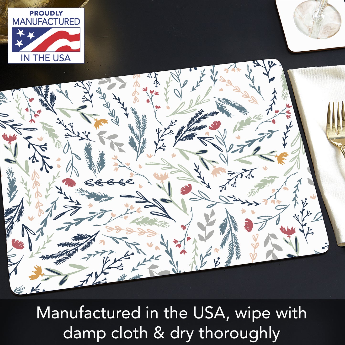 CounterArt Meadow Field Premium Decorative Hardboard Tabletop Placemats 4-Pack Manufactured in The USA Heat Tolerant and Easily Wipes Clean