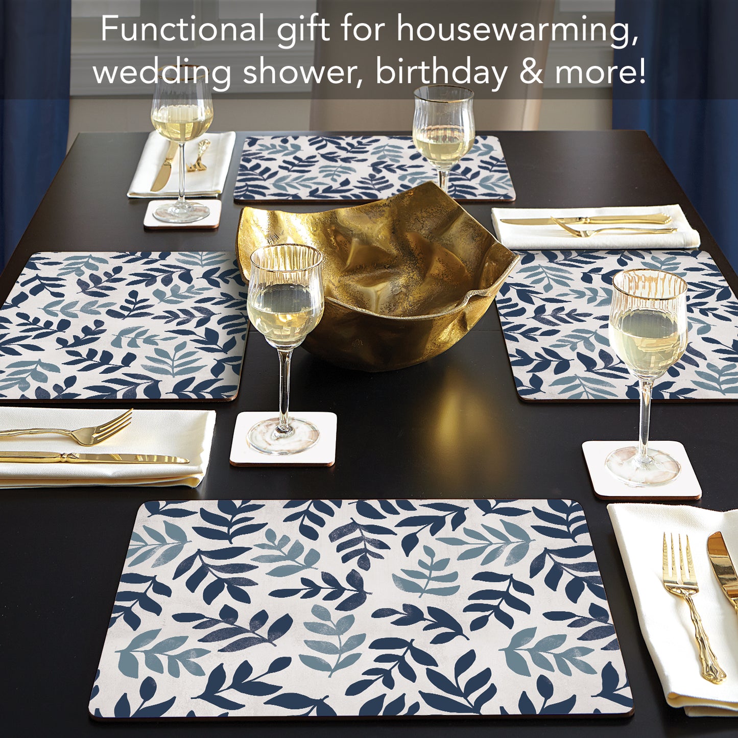 CounterArt Blue Leaf Floral Premium Decorative Hardboard Tabletop Placemats 4-Pack Manufactured in The USA Heat Tolerant and Easily Wipes Clean