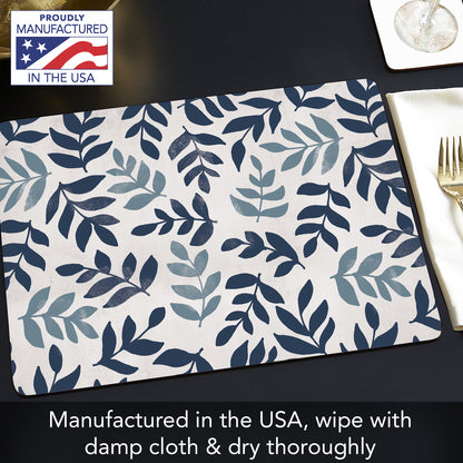 CounterArt Blue Leaf Floral Premium Decorative Hardboard Tabletop Placemats 4-Pack Manufactured in The USA Heat Tolerant and Easily Wipes Clean