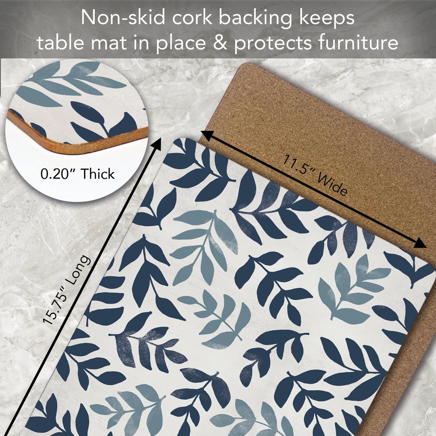 CounterArt Blue Leaf Floral Premium Decorative Hardboard Tabletop Placemats 4-Pack Manufactured in The USA Heat Tolerant and Easily Wipes Clean