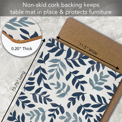 CounterArt Blue Leaf Floral Premium Decorative Hardboard Tabletop Placemats 4-Pack Manufactured in The USA Heat Tolerant and Easily Wipes Clean