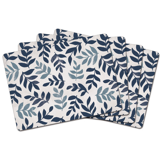 Blue Leaf Floral Premium Decorative Hardboard Tabletop Placemats 4 Pack Manufactured in the USA
